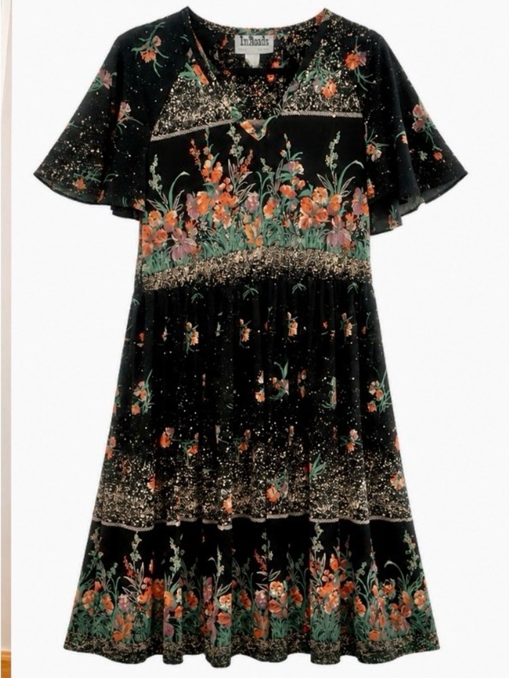 Vintage In Roads Floral Dress 9/10 Black Garden Print Made in‎ USA Cottagecore